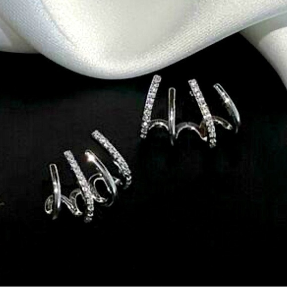 New silver 925 posts Huggie Bar Hoop Earrings | CZ Lobe Claw Cuff Statement